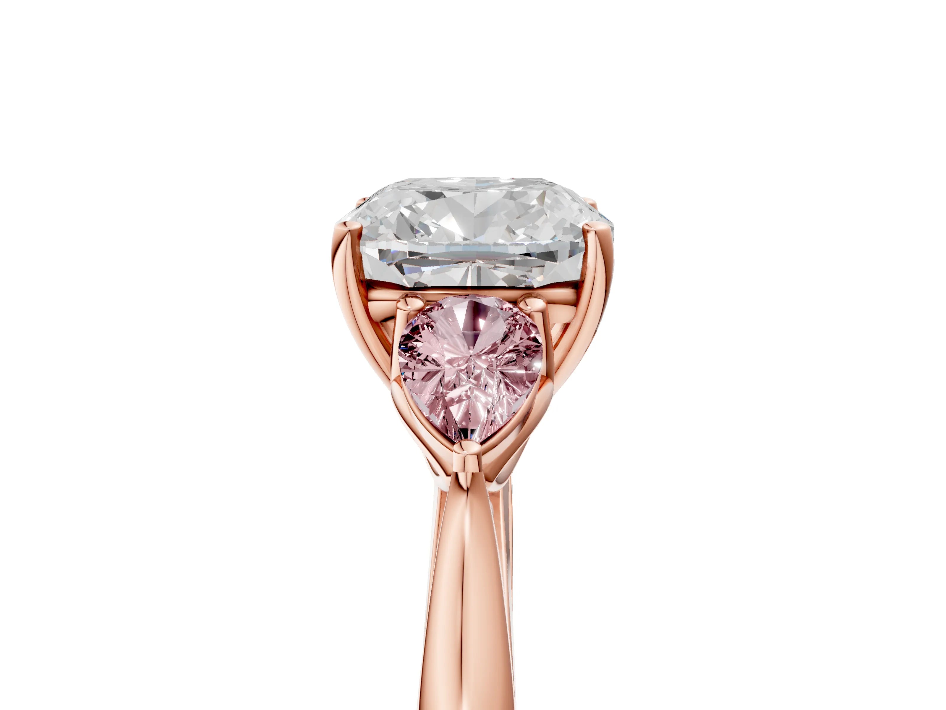 Rose gold Cushion Cut Diamond Three-Stone Ring with Pear with Morganite side stone Side Stones and Prong Setting_5
