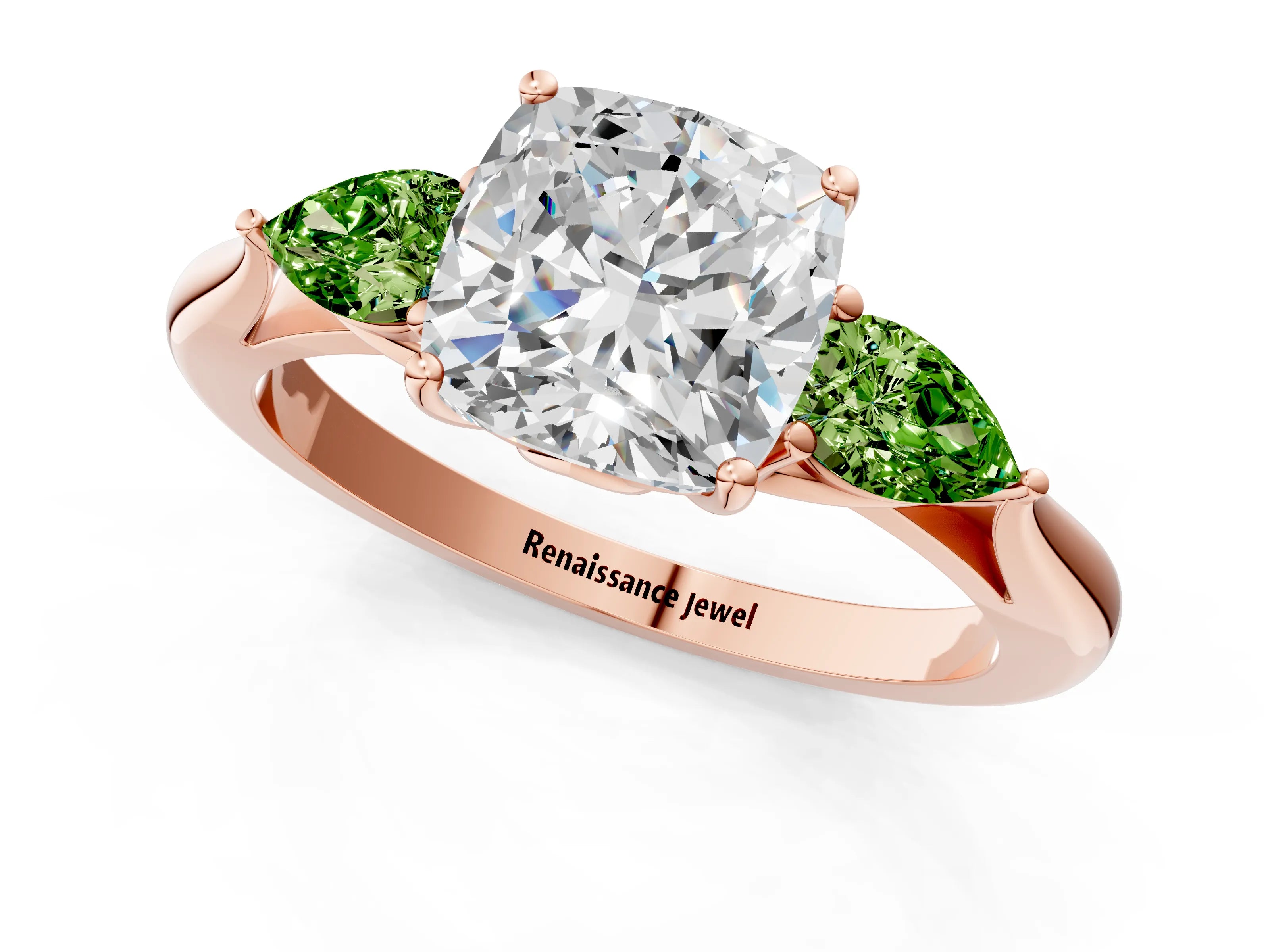 Rose gold Cushion Cut Diamond Three-Stone Ring with Pear with Peridot side stone Side Stones and Prong Setting_1