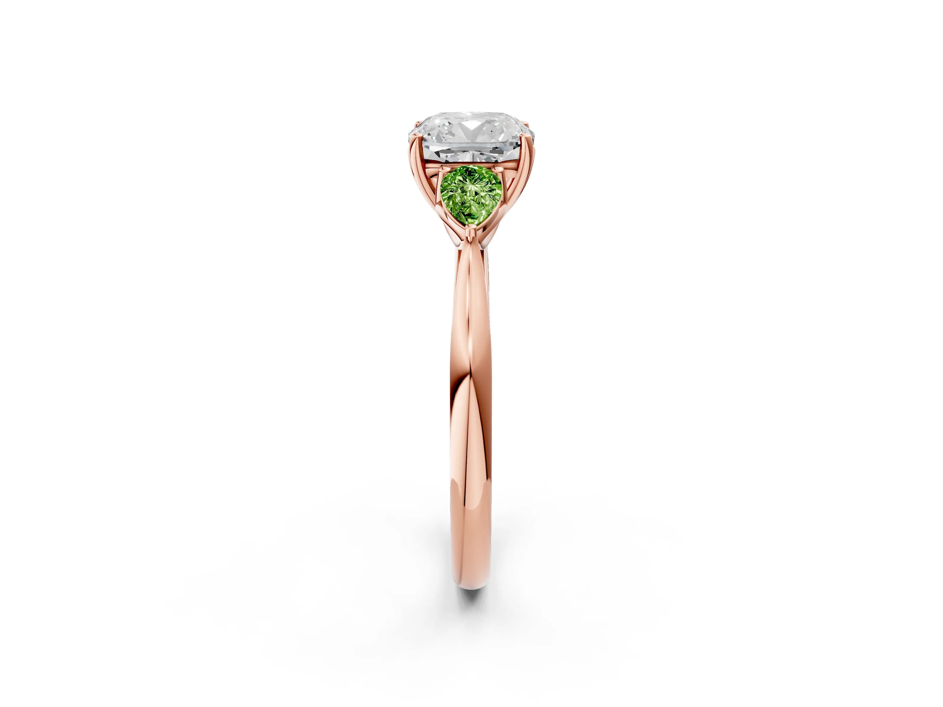 Rose gold Cushion Cut Diamond Three-Stone Ring with Pear with Peridot side stone Side Stones and Prong Setting_2