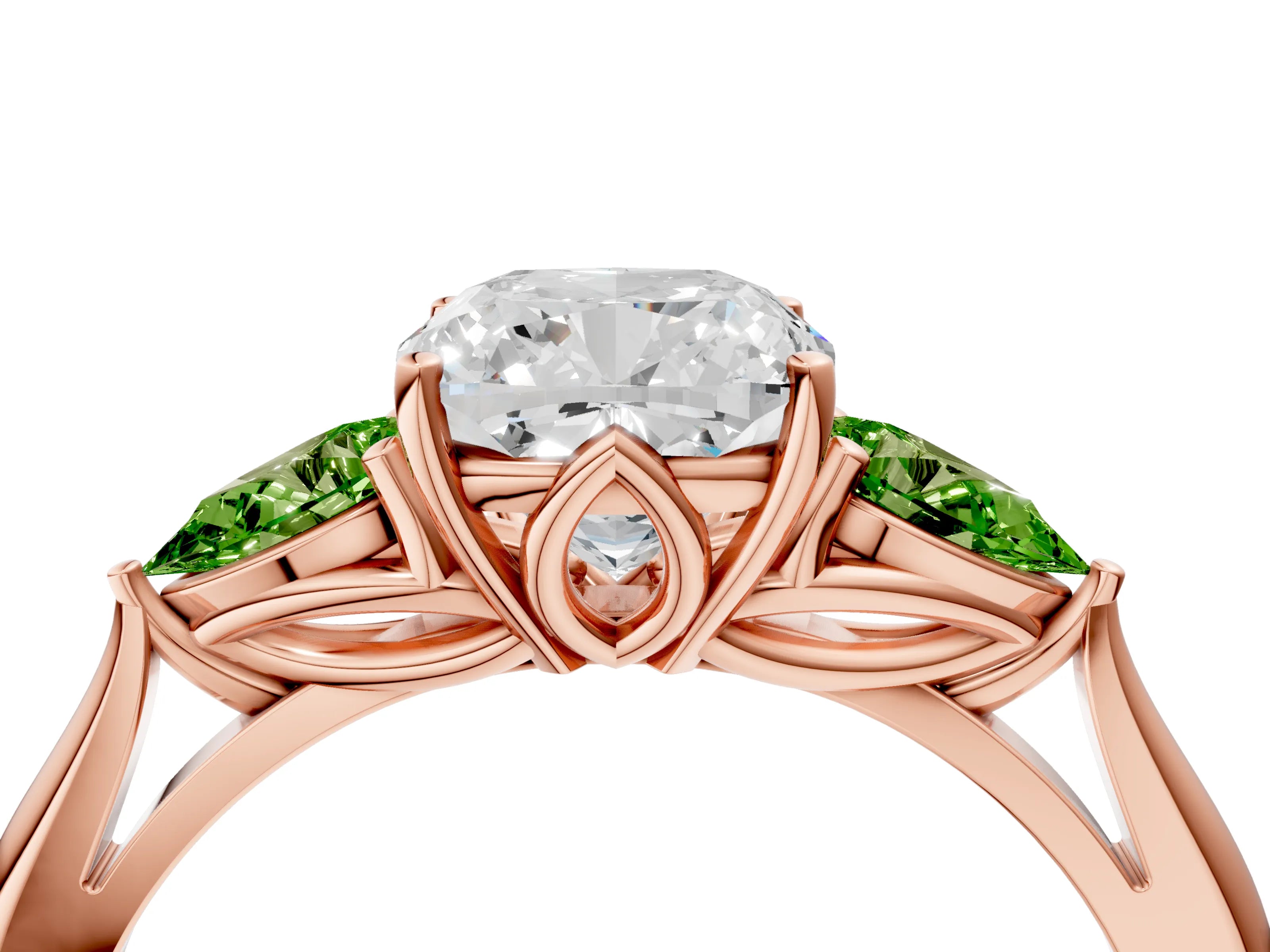 Rose gold Cushion Cut Diamond Three-Stone Ring with Pear with Peridot side stone Side Stones and Prong Setting_4