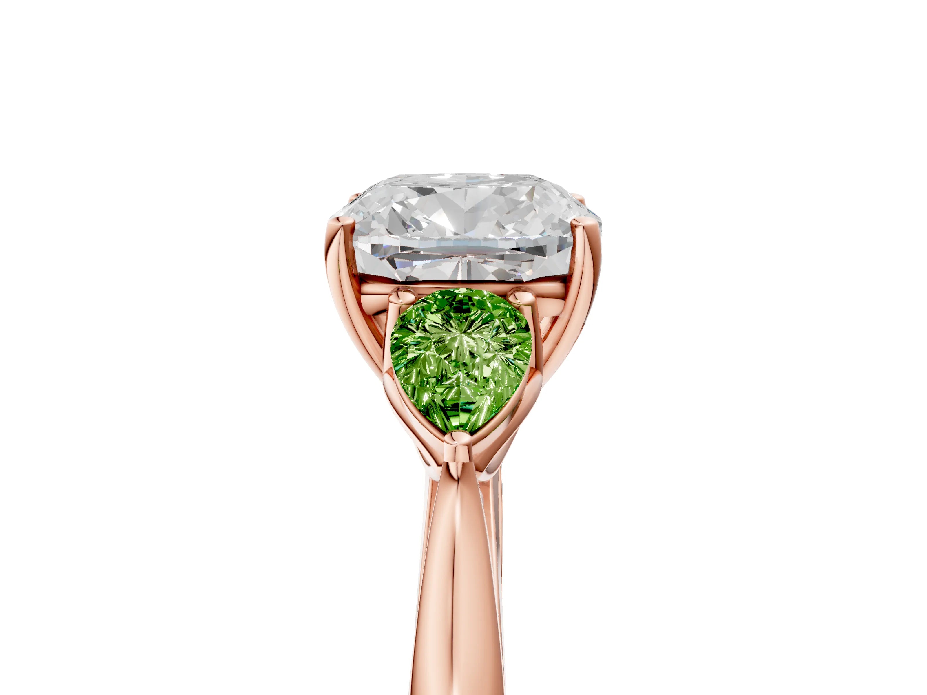 Rose gold Cushion Cut Diamond Three-Stone Ring with Pear with Peridot side stone Side Stones and Prong Setting_5