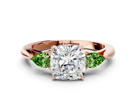 Rose gold Cushion Cut Diamond Three-Stone Ring with Pear with Peridot side stone Side Stones and Prong Setting