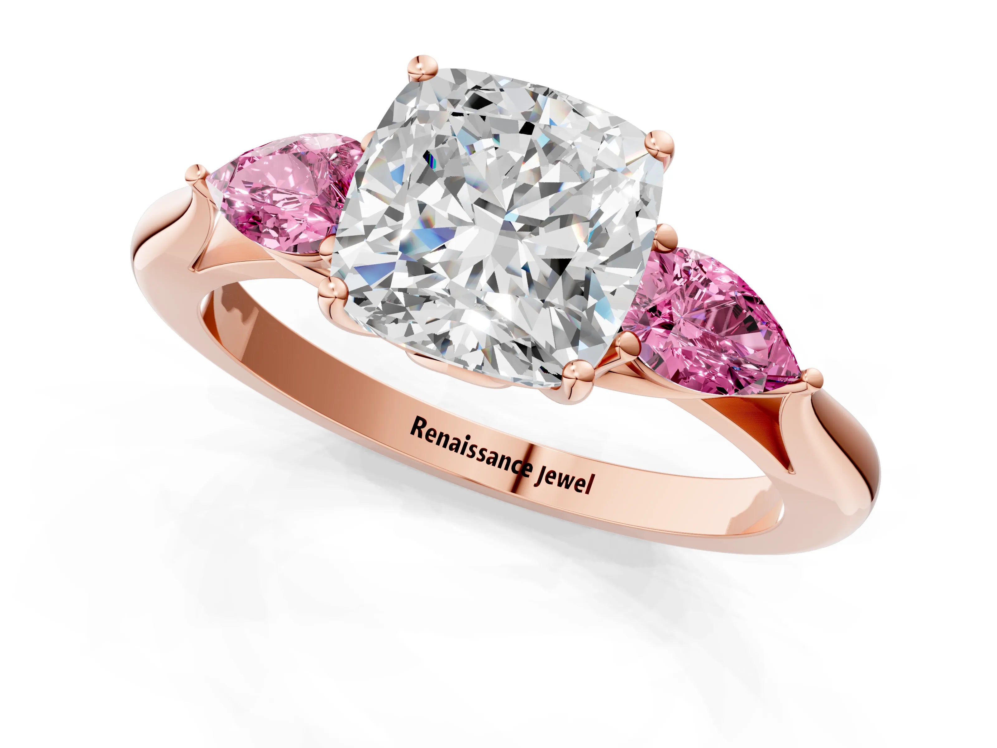 Rose gold Cushion Cut Diamond Three-Stone Ring with Pear with Pink Sapphire side stone Side Stones and Prong Setting_1