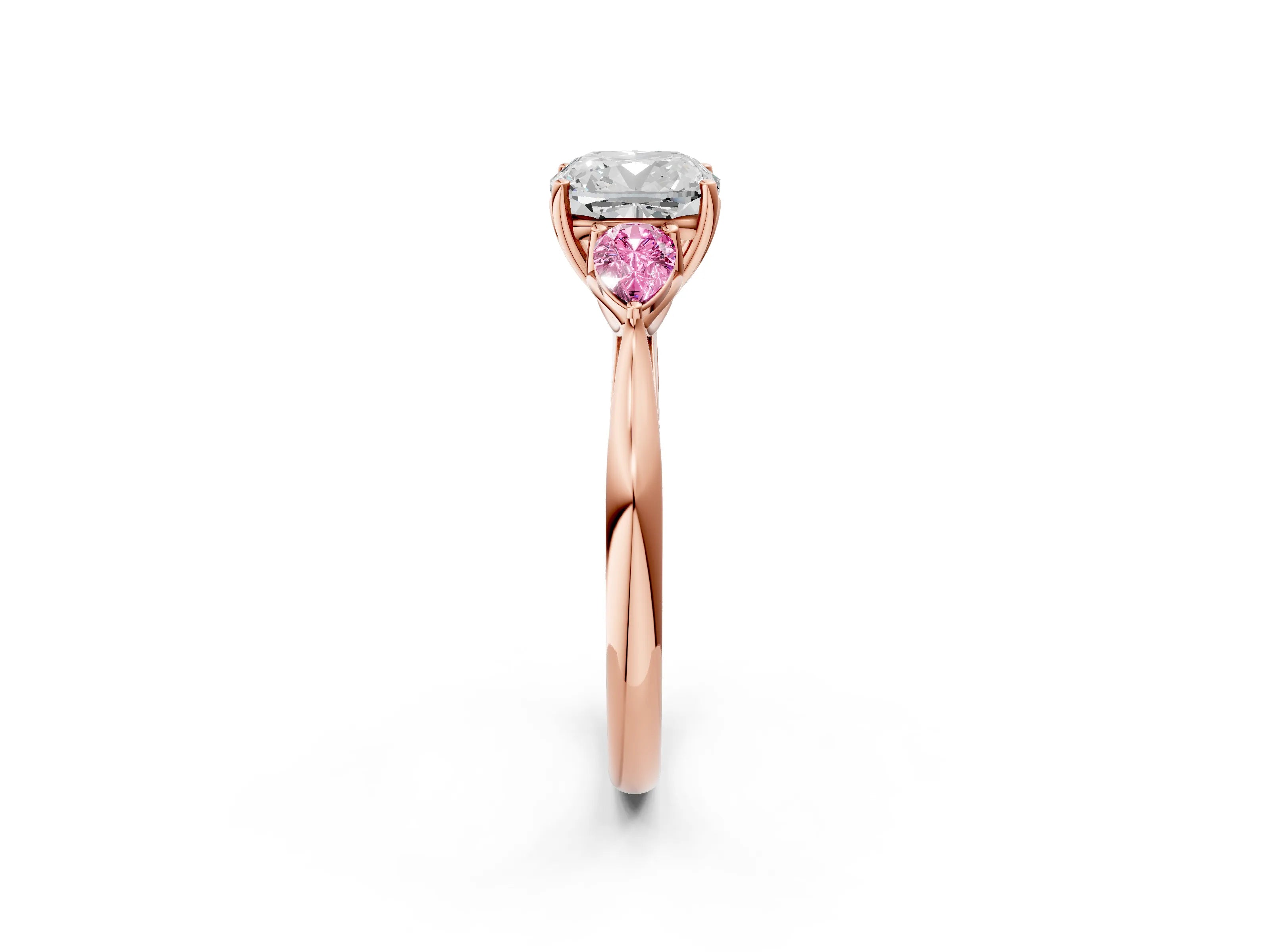 Rose gold Cushion Cut Diamond Three-Stone Ring with Pear with Pink Sapphire side stone Side Stones and Prong Setting_2