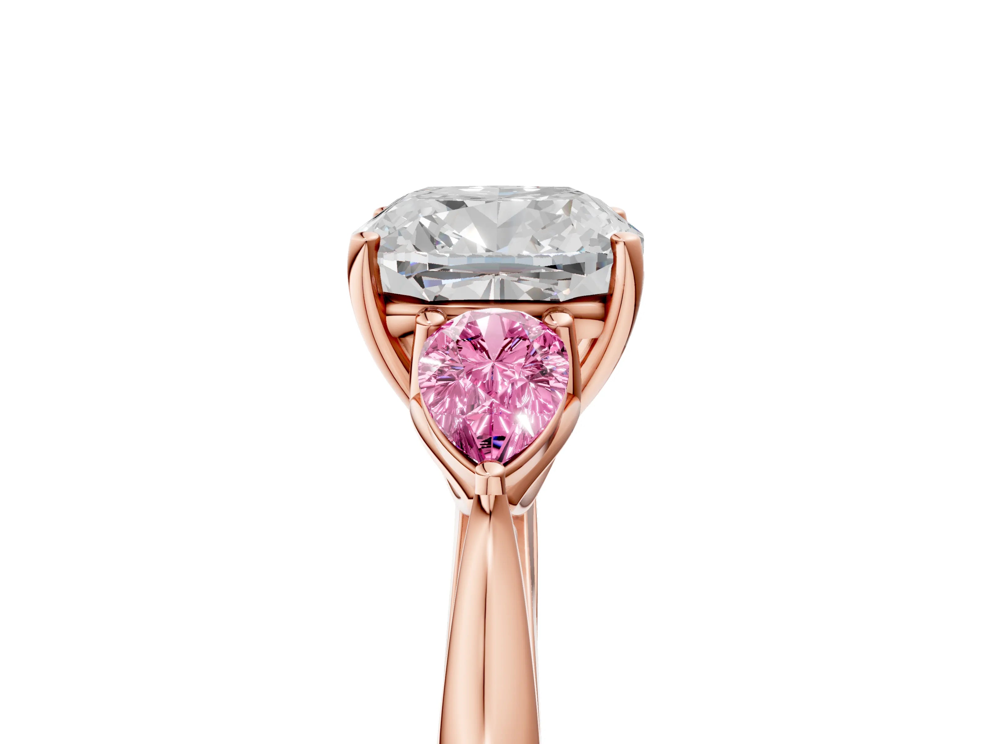 Rose gold Cushion Cut Diamond Three-Stone Ring with Pear with Pink Sapphire side stone Side Stones and Prong Setting_5