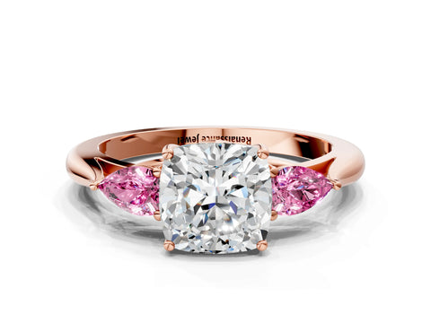 Rose gold Cushion Cut Diamond Three-Stone Ring with Pear with Pink Sapphire side stone Side Stones and Prong Setting