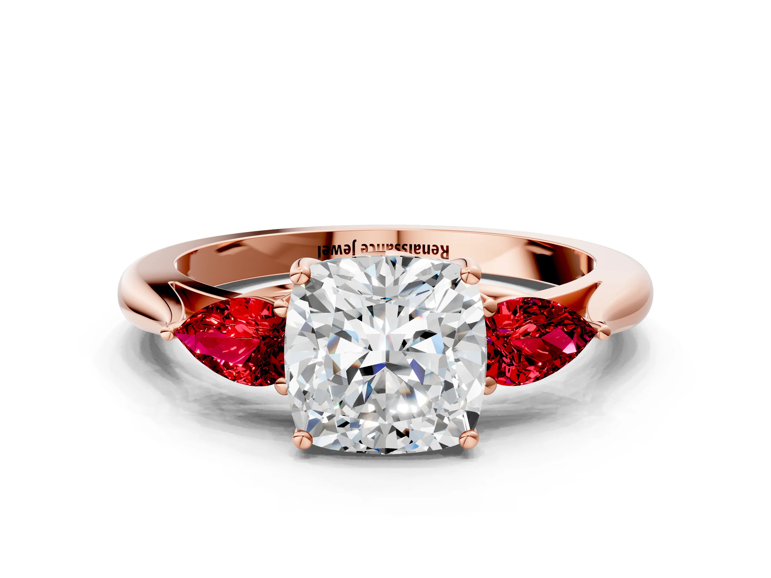 Rose gold Cushion Cut Diamond Three-Stone Ring with Pear with Ruby side stone Side Stones and Prong Setting
