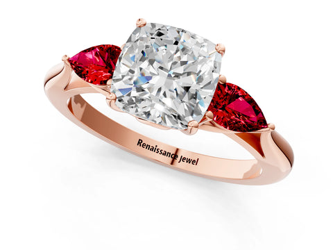 Rose gold Cushion Cut Diamond Three-Stone Ring with Pear with Ruby side stone Side Stones and Prong Setting_1