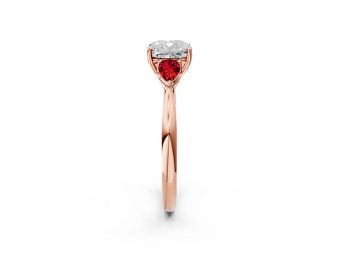 Rose gold Cushion Cut Diamond Three-Stone Ring with Pear with Ruby side stone Side Stones and Prong Setting_2