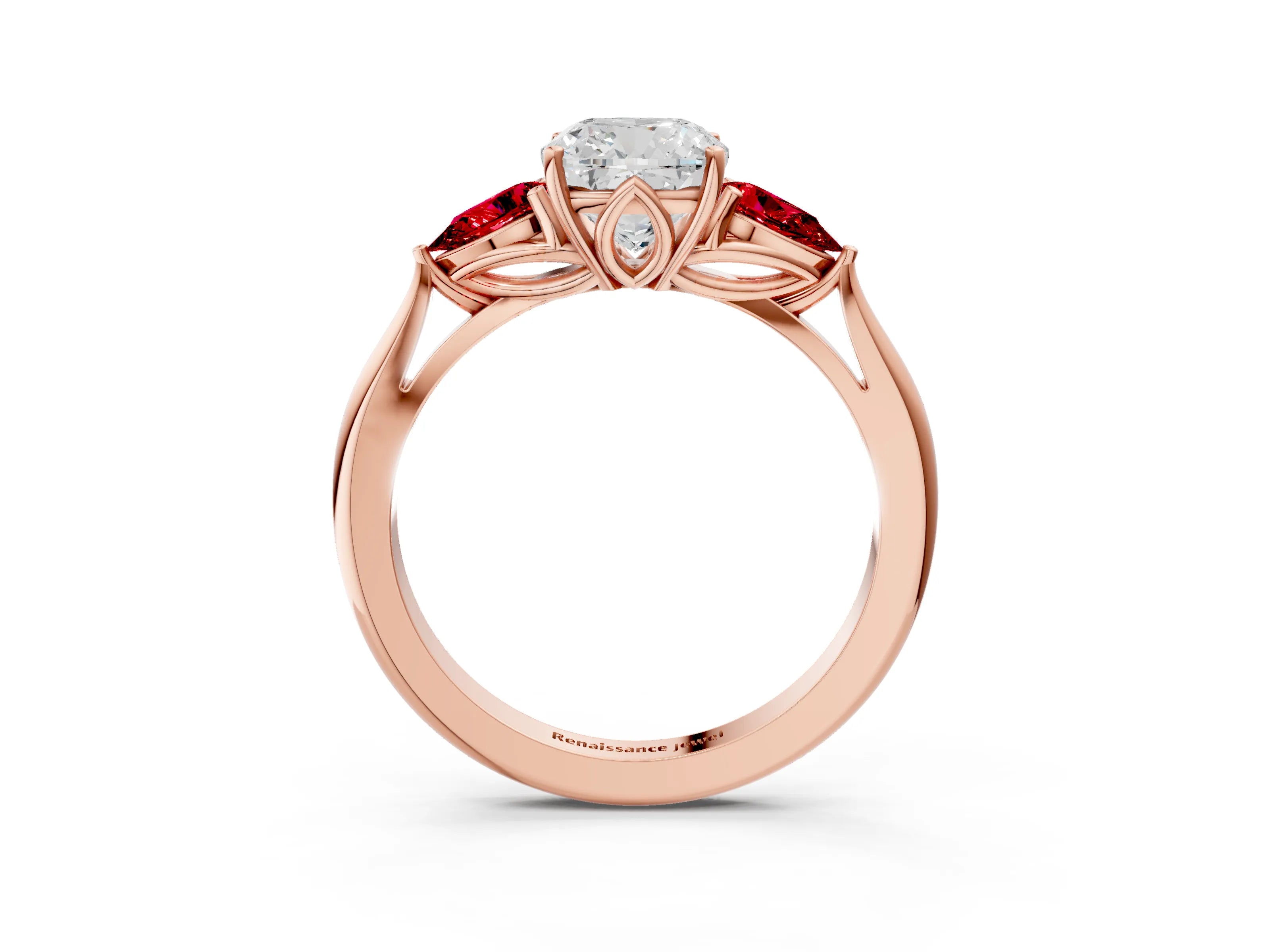 Rose gold Cushion Cut Diamond Three-Stone Ring with Pear with Ruby side stone Side Stones and Prong Setting_3
