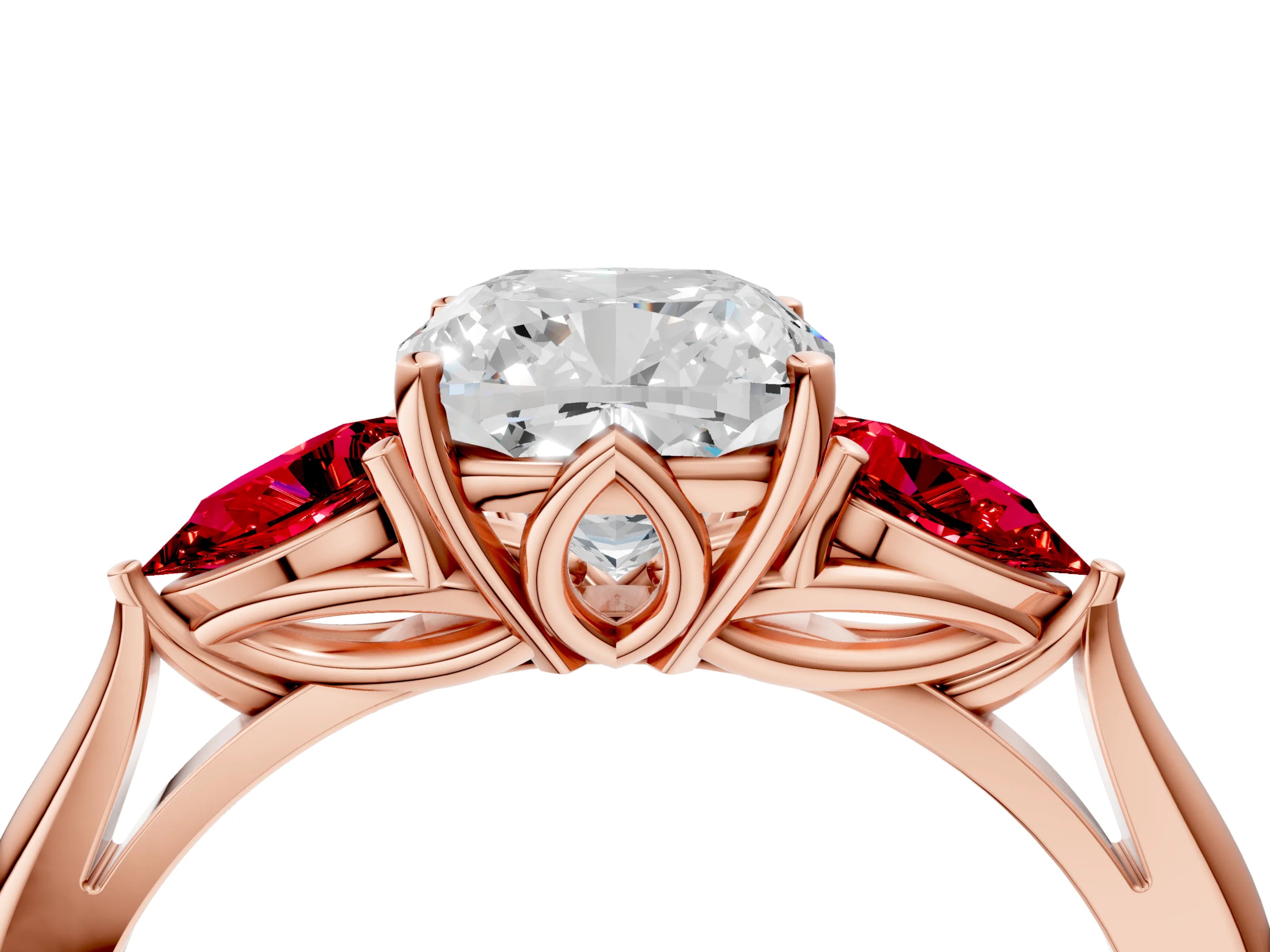 Rose gold Cushion Cut Diamond Three-Stone Ring with Pear with Ruby side stone Side Stones and Prong Setting_4