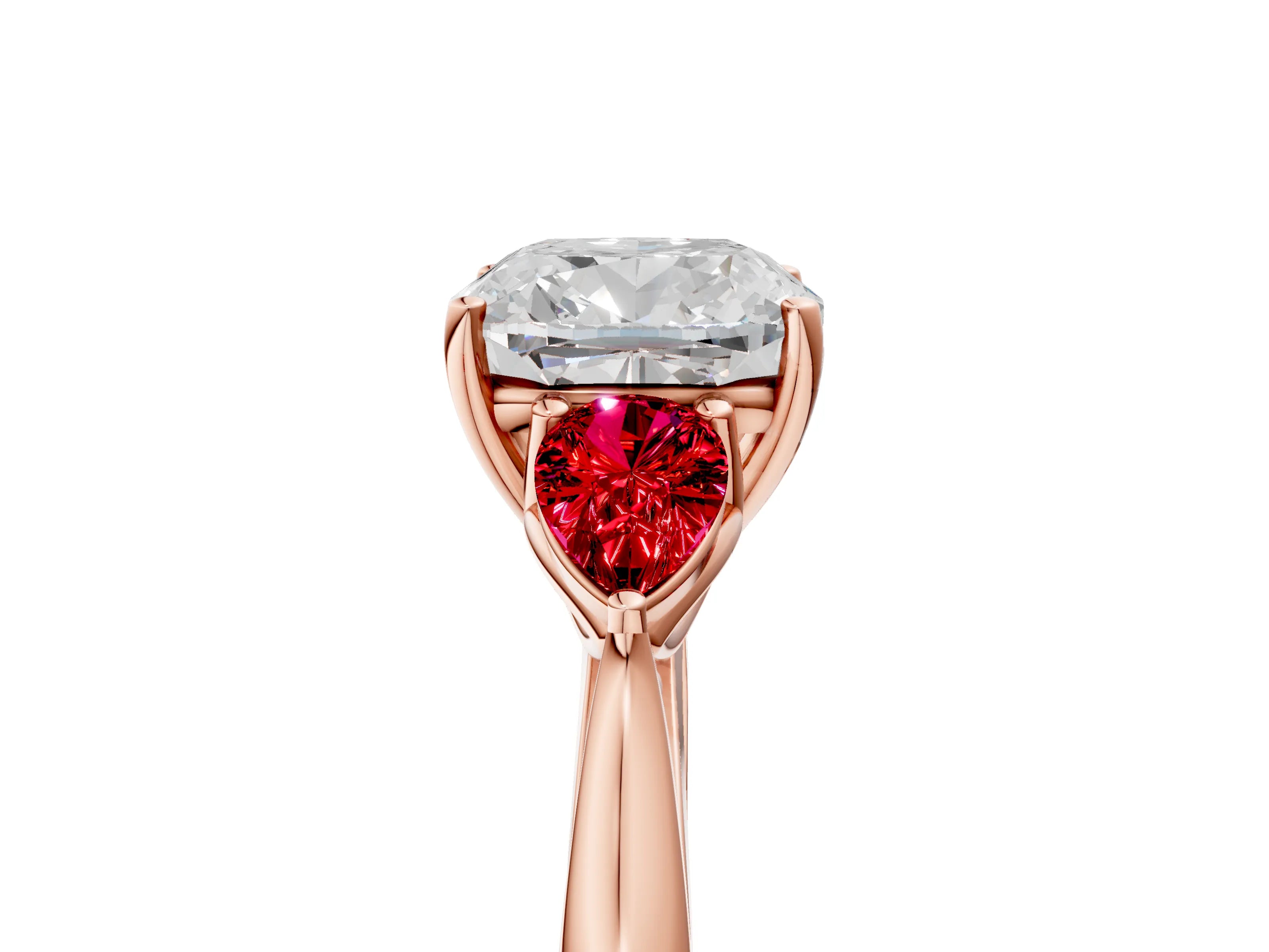 Rose gold Cushion Cut Diamond Three-Stone Ring with Pear with Ruby side stone Side Stones and Prong Setting_5