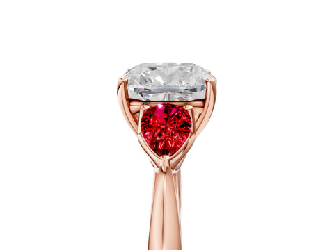 Rose gold Cushion Cut Diamond Three-Stone Ring with Pear with Ruby side stone Side Stones and Prong Setting_5