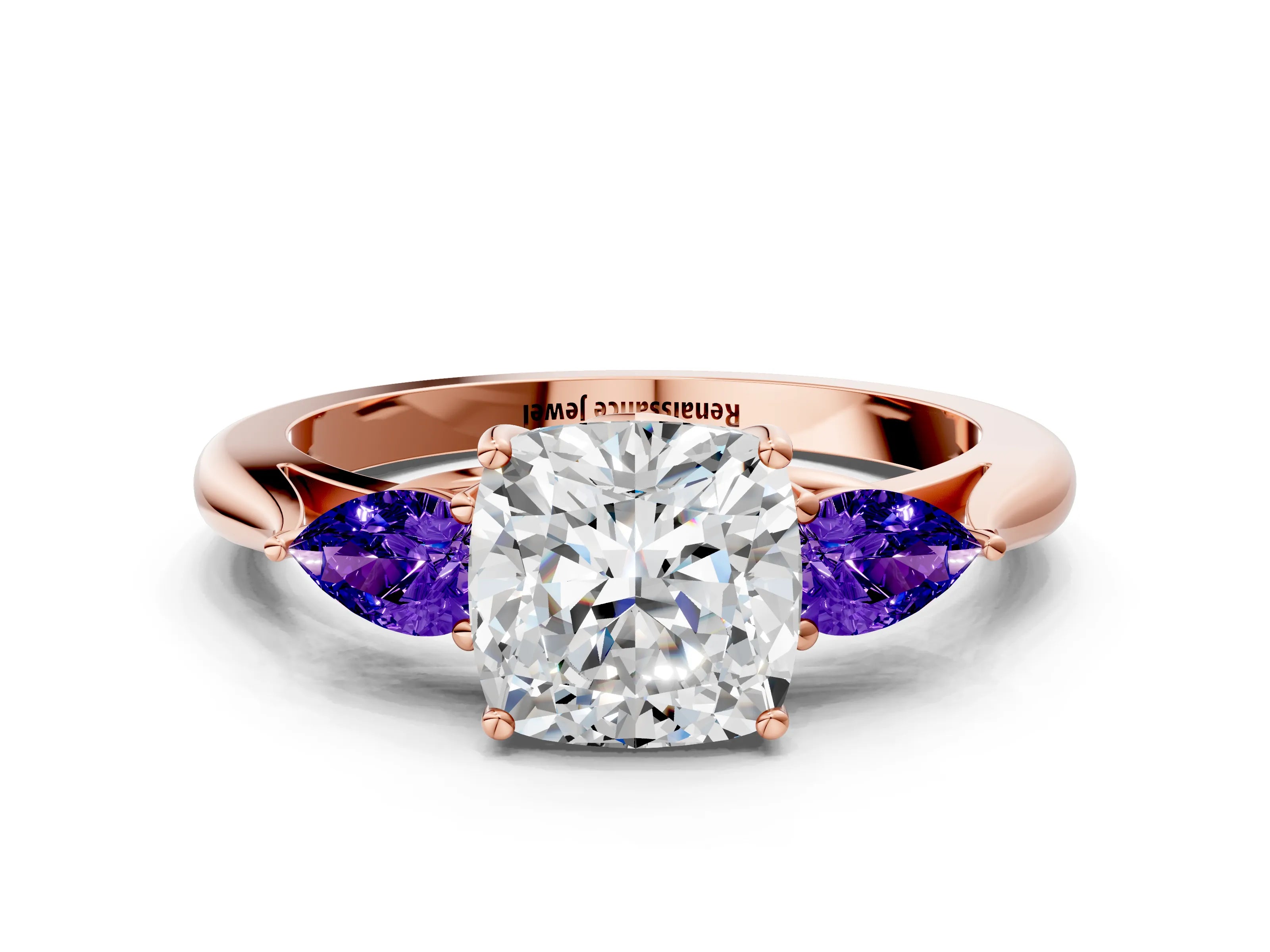 Rose gold Cushion Cut Diamond Three-Stone Ring with Pear with Tanzanite side stone Side Stones and Prong Setting