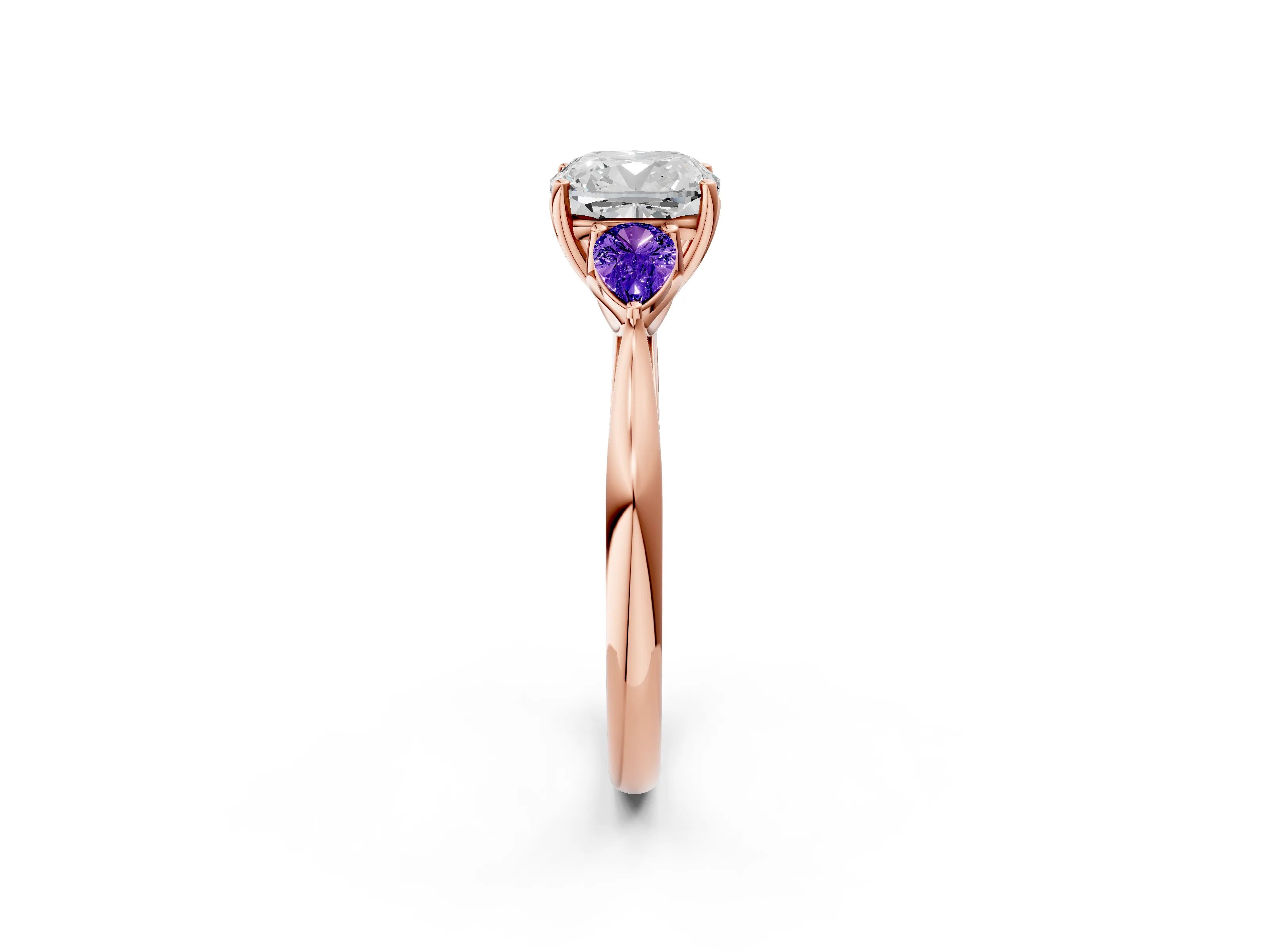 Rose gold Cushion Cut Diamond Three-Stone Ring with Pear with Tanzanite side stone Side Stones and Prong Setting_2