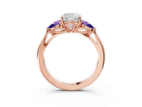 Rose gold Cushion Cut Diamond Three-Stone Ring with Pear with Tanzanite side stone Side Stones and Prong Setting_3