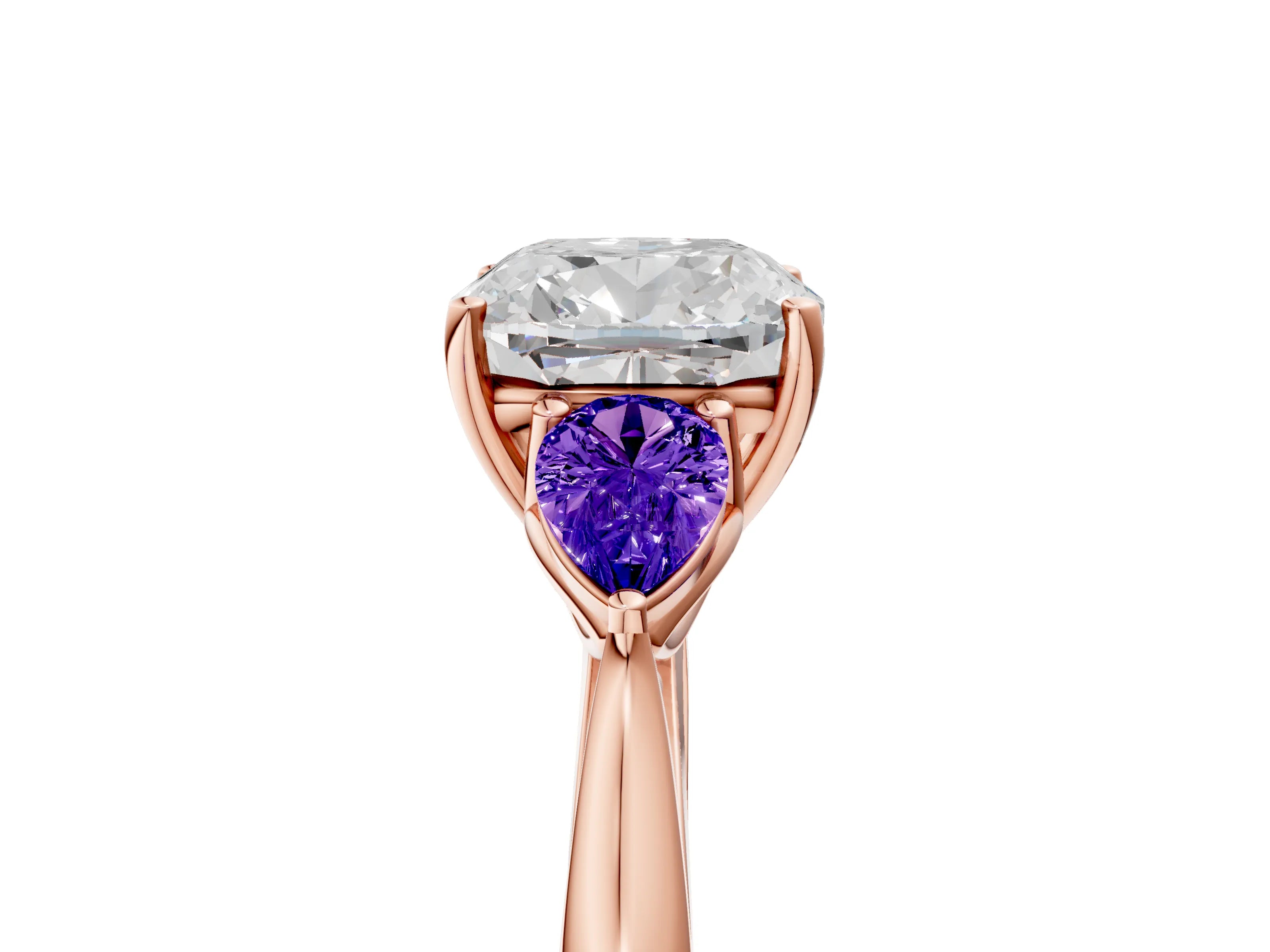 Rose gold Cushion Cut Diamond Three-Stone Ring with Pear with Tanzanite side stone Side Stones and Prong Setting_5