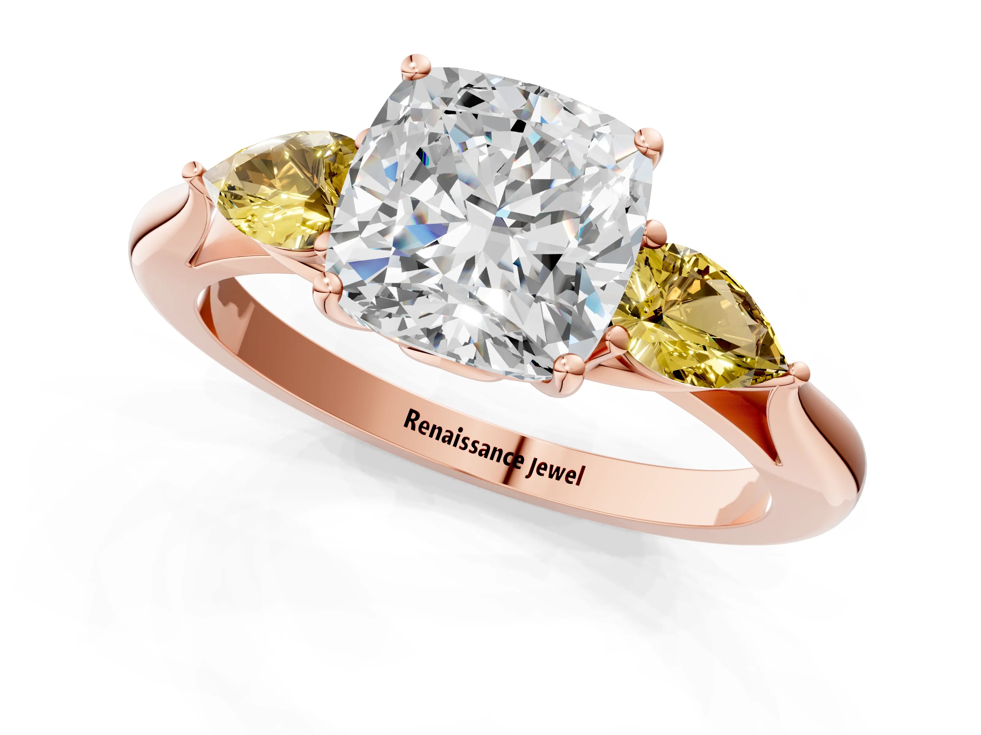 Rose gold Cushion Cut Diamond Three-Stone Ring with Pear with Yellow Sapphire side stone Side Stones and Prong Setting_1