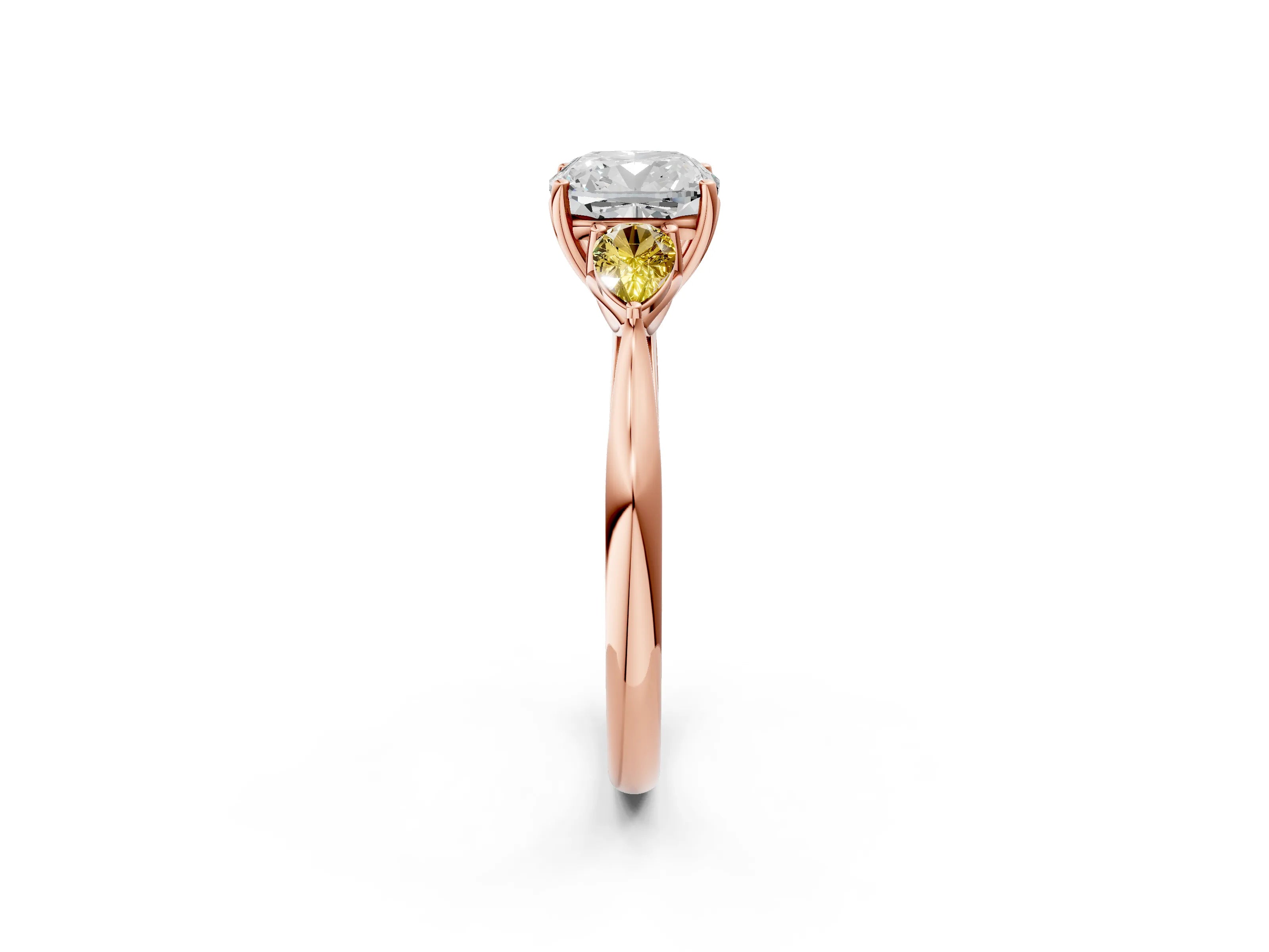 Rose gold Cushion Cut Diamond Three-Stone Ring with Pear with Yellow Sapphire side stone Side Stones and Prong Setting_2