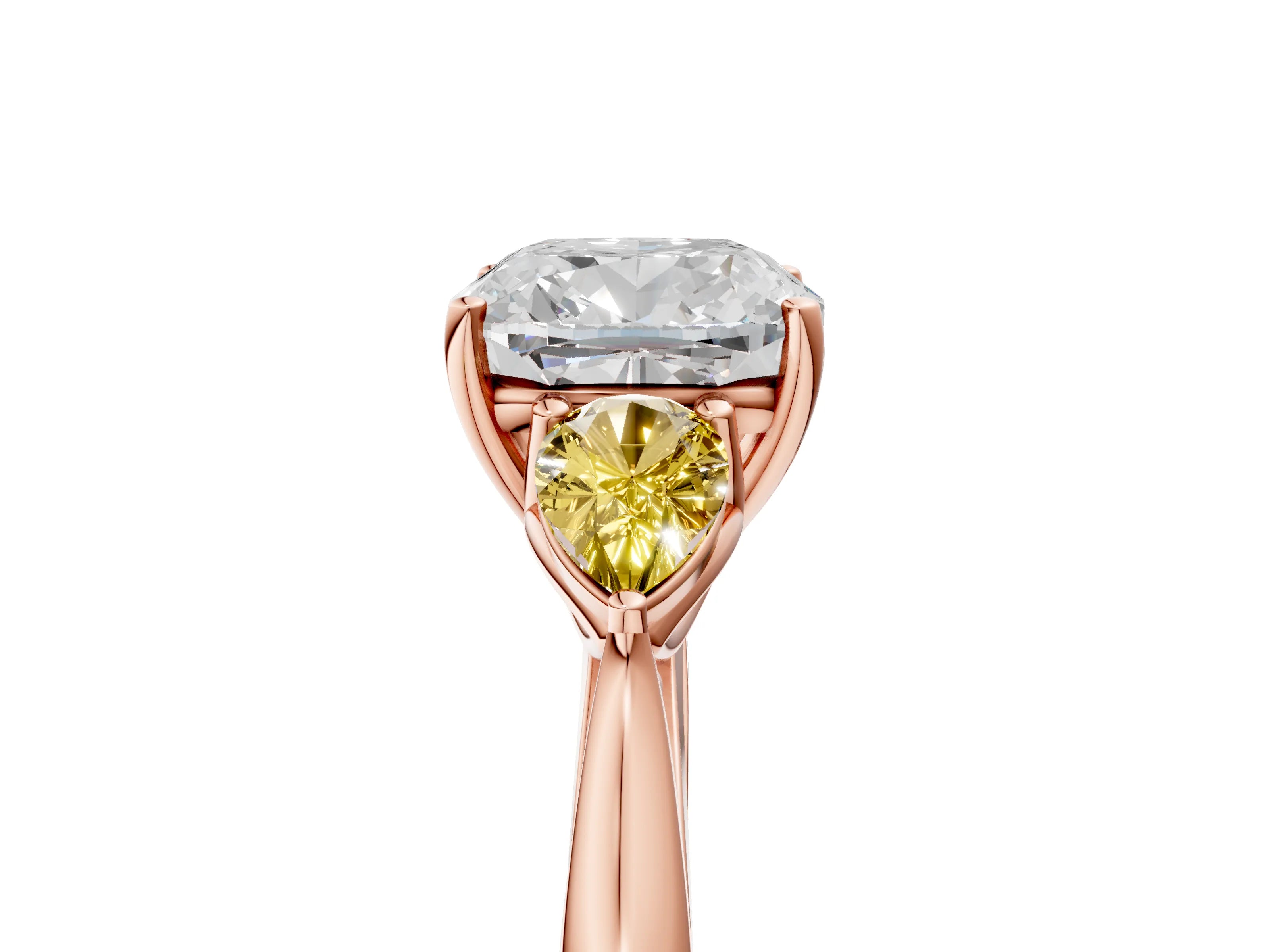 Rose gold Cushion Cut Diamond Three-Stone Ring with Pear with Yellow Sapphire side stone Side Stones and Prong Setting_5