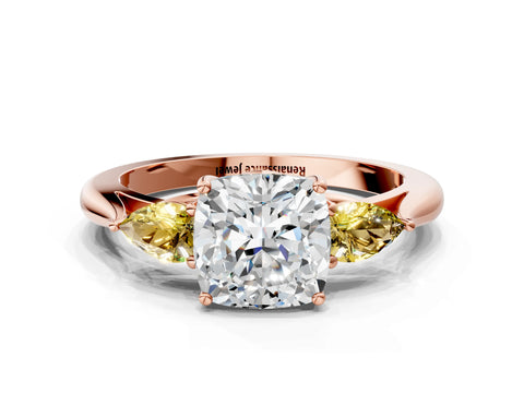 Rose gold Cushion Cut Diamond Three-Stone Ring with Pear with Yellow Sapphire side stone Side Stones and Prong Setting