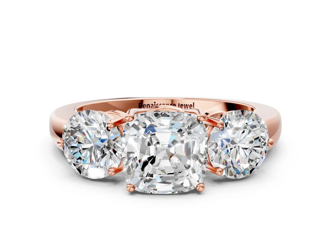 Rose gold Cushion Cut Diamond Three-Stone Ring with Prong Setting and Classic Band_103