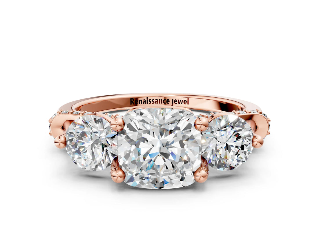 Rose gold Cushion Cut Diamond Three-Stone Ring with Prong Setting and Pavé Band_3