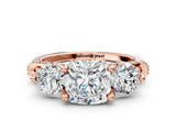 Rose gold Cushion Cut Diamond Three-Stone Ring with Prong Setting and Pavé Band_3