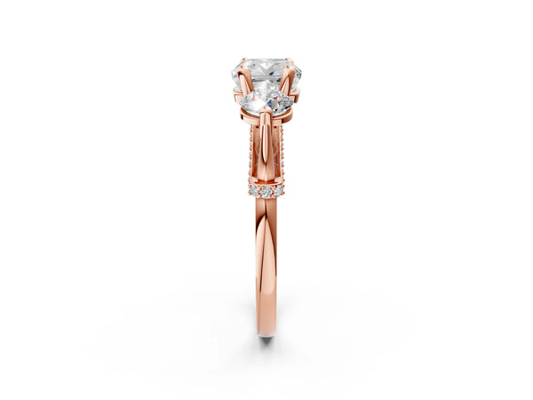 Rose gold Cushion Cut Diamond Three-Stone Ring with Prong Setting and Pavé Band