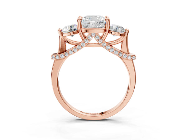 Rose gold Cushion Cut Diamond Three-Stone Ring with Prong Setting and Pavé Band
