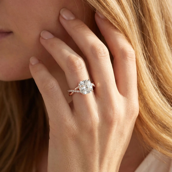 Rose gold Cushion Cut Diamond Twisted Band with Pavé Setting and Four-Prong Setting