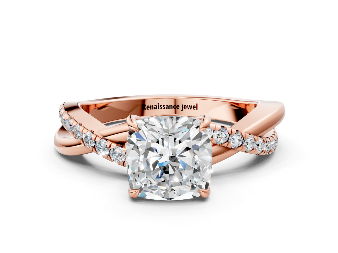 Rose gold Cushion Cut Diamond Twisted Band with Pavé Setting and Four-Prong Setting_18