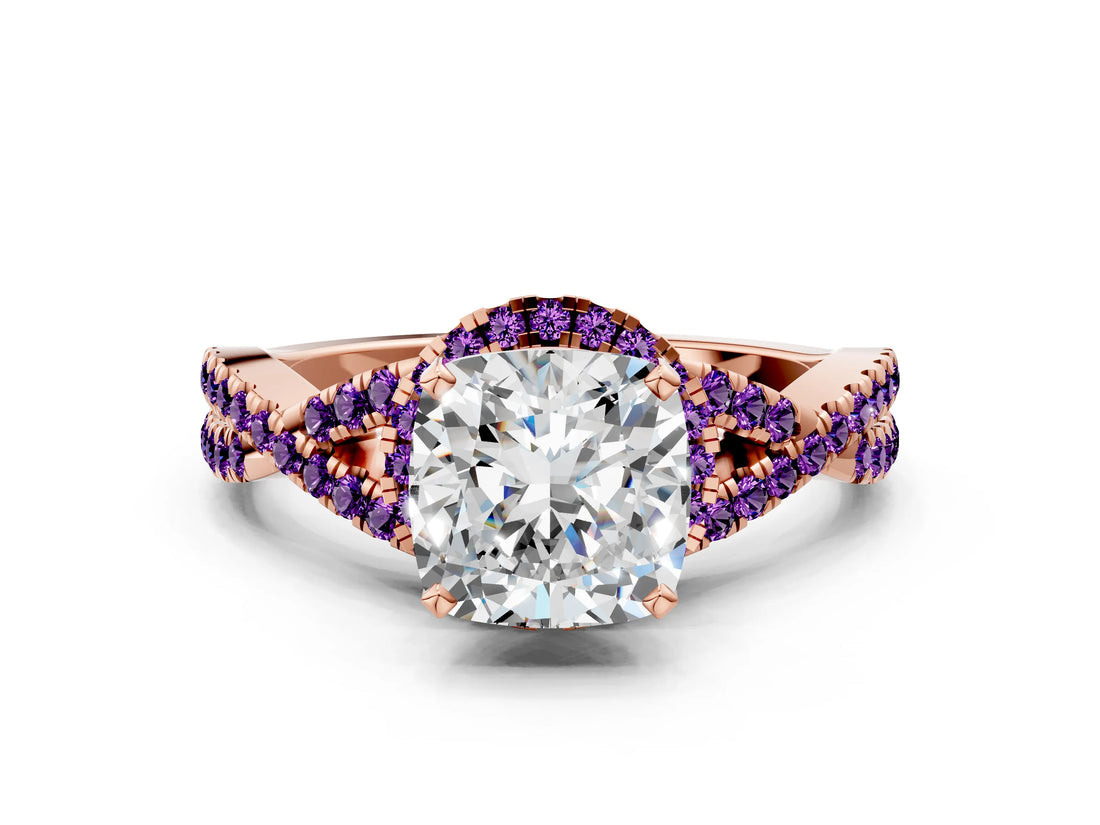 Rose gold Cushion Cut Diamond with Amethyst side stone Halo Twist Band Solitaire Prong Setting Ring_12