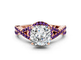 Rose gold Cushion Cut Diamond with Amethyst side stone Halo Twist Band Solitaire Prong Setting Ring_12