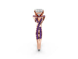 Rose gold Cushion Cut Diamond with Amethyst side stone Halo Twist Band Solitaire Prong Setting Ring_14