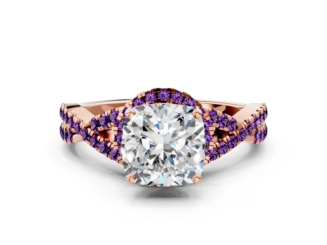 Rose gold Cushion Cut Diamond with Amethyst side stone Halo Twist Band Solitaire Prong Setting Ring_36