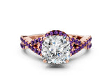 Rose gold Cushion Cut Diamond with Amethyst side stone Halo Twist Band Solitaire Prong Setting Ring_36