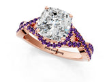 Rose gold Cushion Cut Diamond with Amethyst side stone Halo Twist Band Solitaire Prong Setting Ring_37