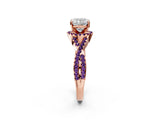Rose gold Cushion Cut Diamond with Amethyst side stone Halo Twist Band Solitaire Prong Setting Ring_38