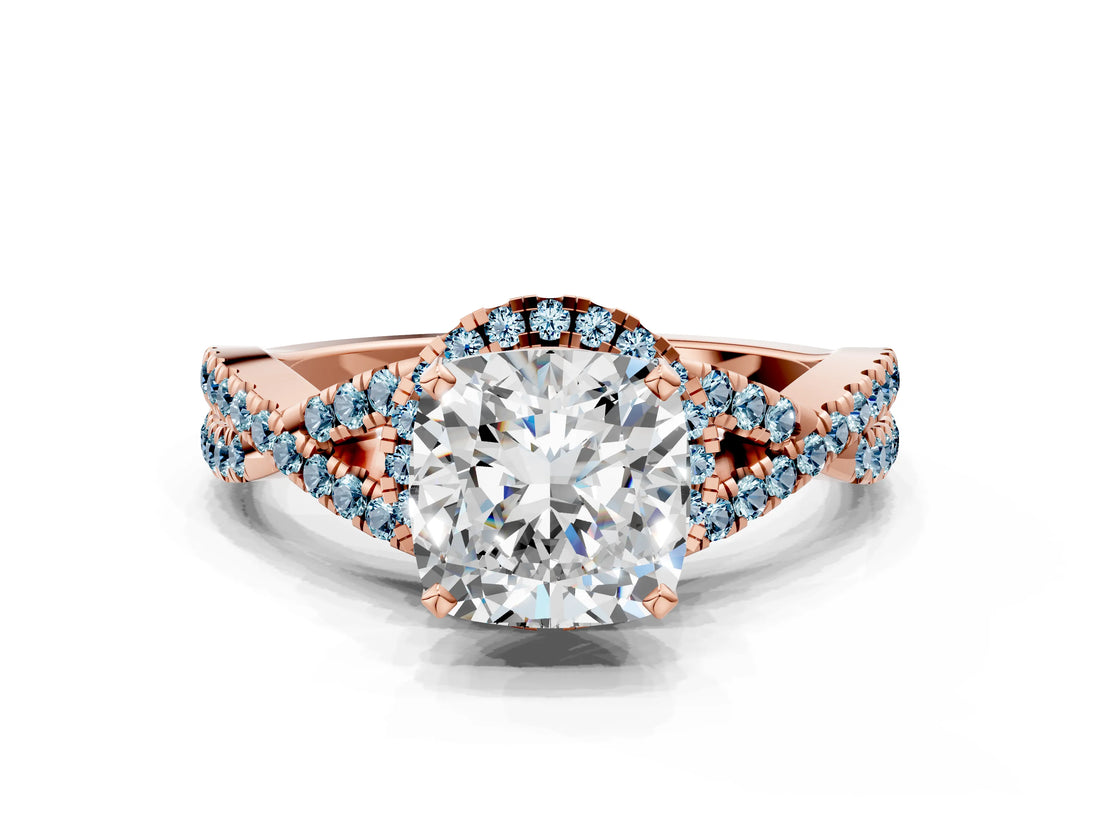 Rose gold Cushion Cut Diamond with Aquamarine side stone Halo Twist Band Solitaire Prong Setting Ring_24