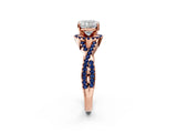 Rose gold Cushion Cut Diamond with Blue Sapphire side stone Halo Twist Band Solitaire Prong Setting Ring_38