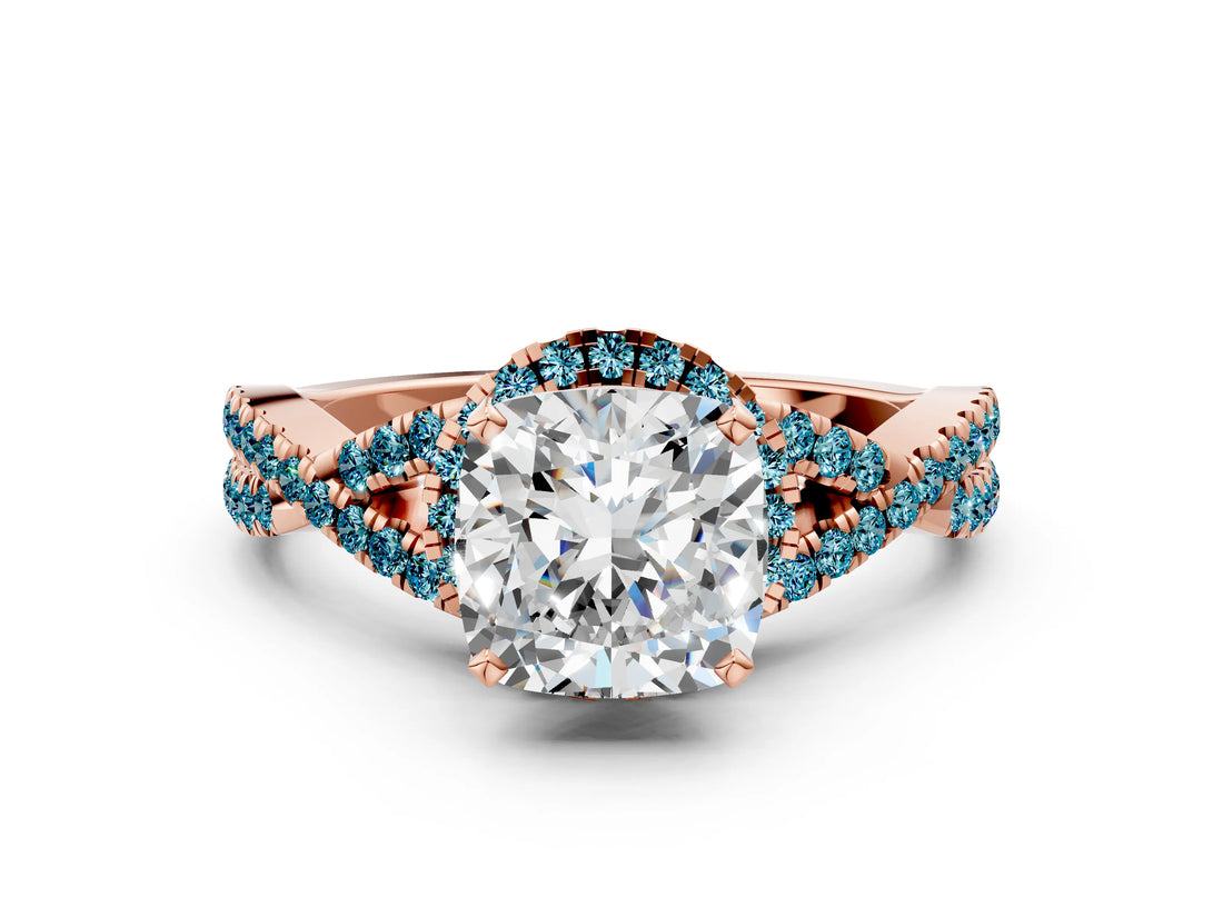 Rose gold Cushion Cut Diamond with Blue Topaz side stone Halo Twist Band Solitaire Prong Setting Ring_36