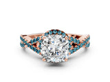 Rose gold Cushion Cut Diamond with Blue Topaz side stone Halo Twist Band Solitaire Prong Setting Ring_36