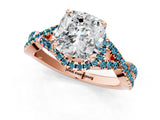 Rose gold Cushion Cut Diamond with Blue Topaz side stone Halo Twist Band Solitaire Prong Setting Ring_37
