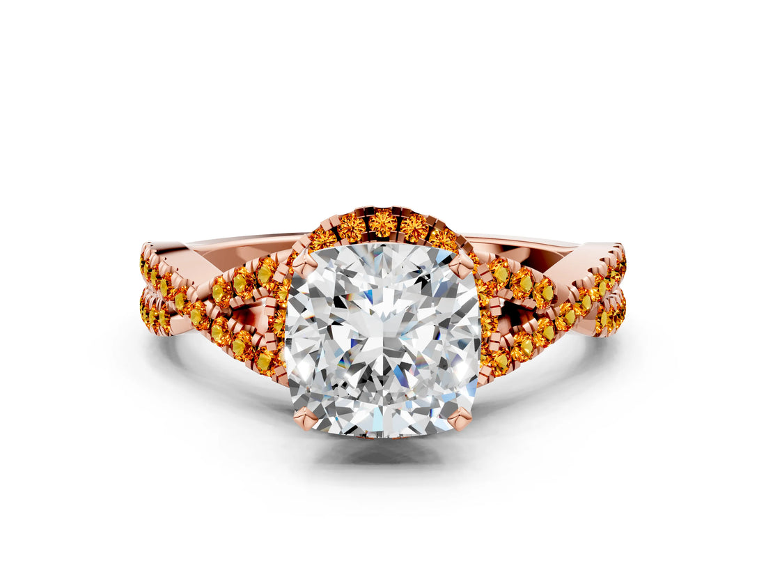 Rose gold Cushion Cut Diamond with Citrine side stone Halo Twist Band Solitaire Prong Setting Ring_12