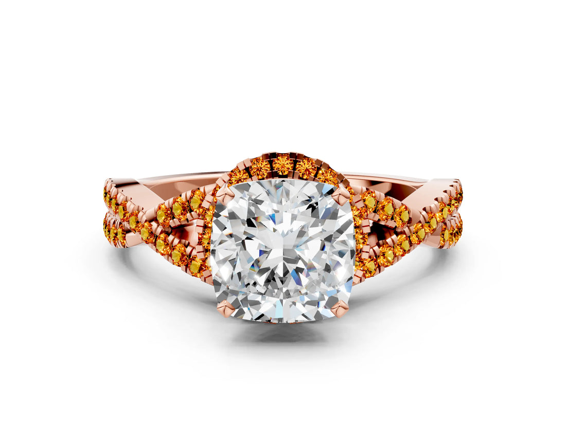 Rose gold Cushion Cut Diamond with Citrine side stone Halo Twist Band Solitaire Prong Setting Ring_24