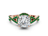 Rose gold Cushion Cut Diamond with Emerald side stone Halo Twist Band Solitaire Prong Setting Ring_24