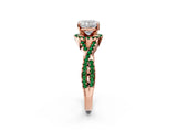 Rose gold Cushion Cut Diamond with Emerald side stone Halo Twist Band Solitaire Prong Setting Ring_26