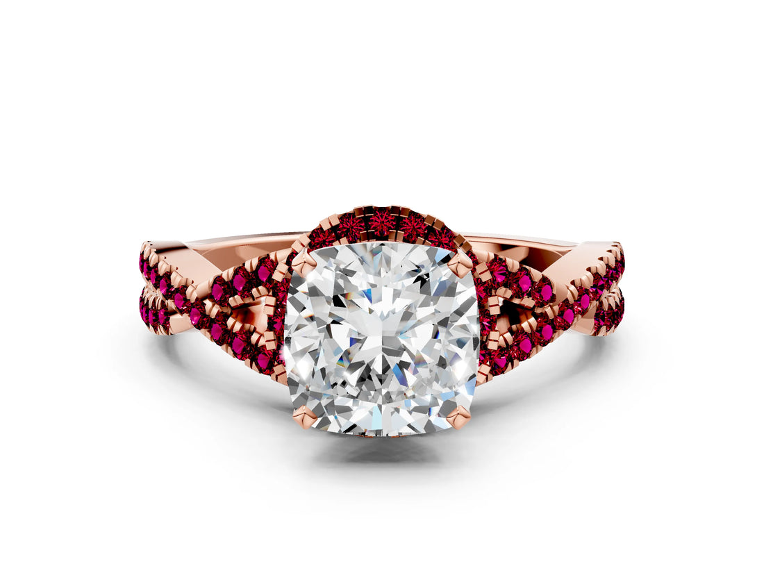 Rose gold Cushion Cut Diamond with Garnet side stone Halo Twist Band Solitaire Prong Setting Ring_36