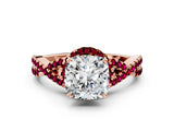 Rose gold Cushion Cut Diamond with Garnet side stone Halo Twist Band Solitaire Prong Setting Ring_36